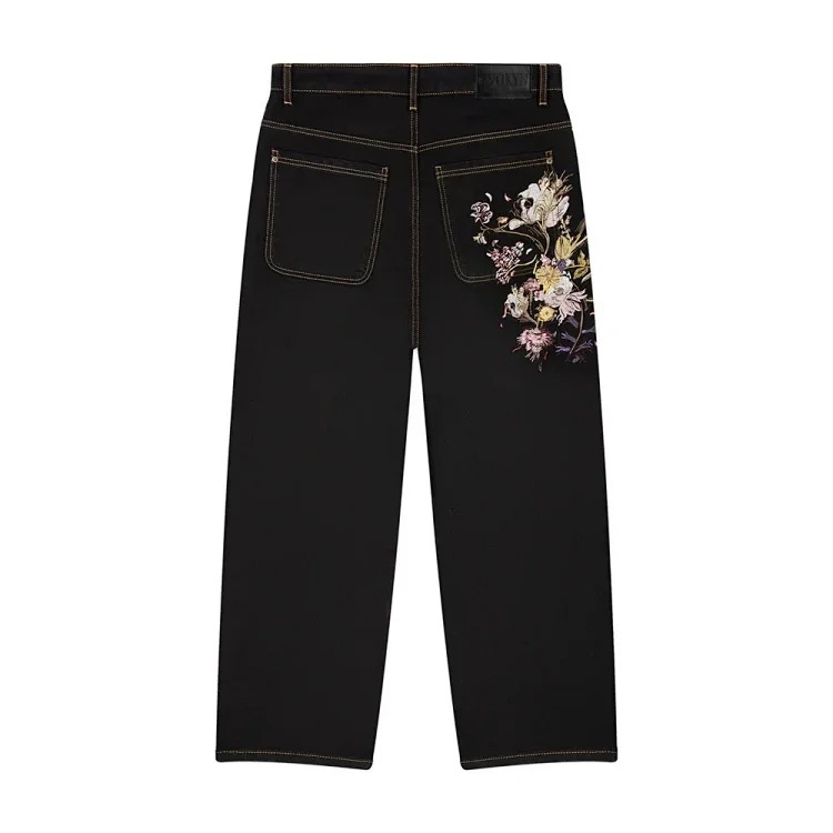 Retro plum blossom embroidered straight pants for men and women, versatile personalized street fashion jeans