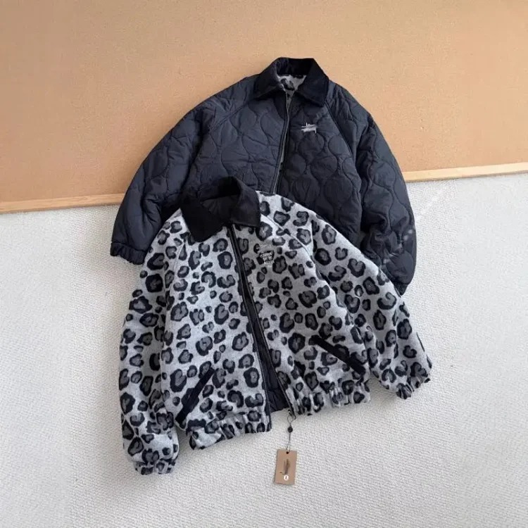 Workwear winter leopard print reversible cotton jacket black 8