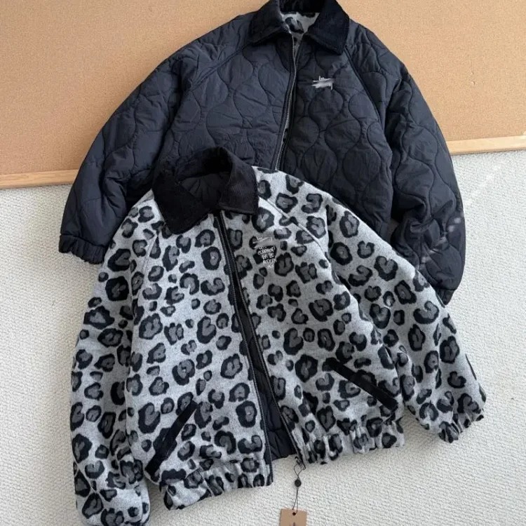 Workwear winter leopard print reversible cotton jacket black 8