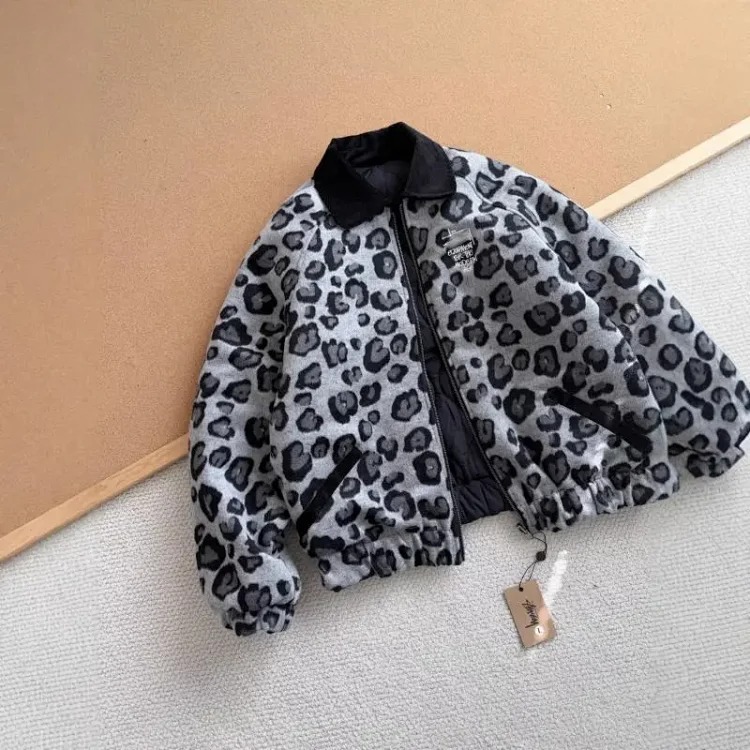 Workwear winter leopard print reversible cotton jacket black 8