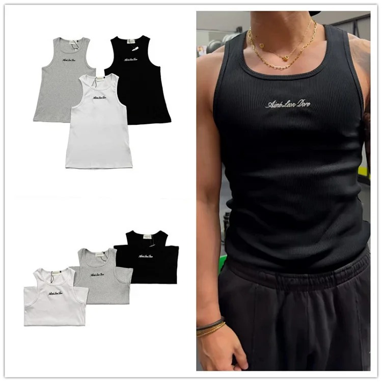 Heavy industry slogan embroidered threaded knitted solid color vest men's slim sports fitness top