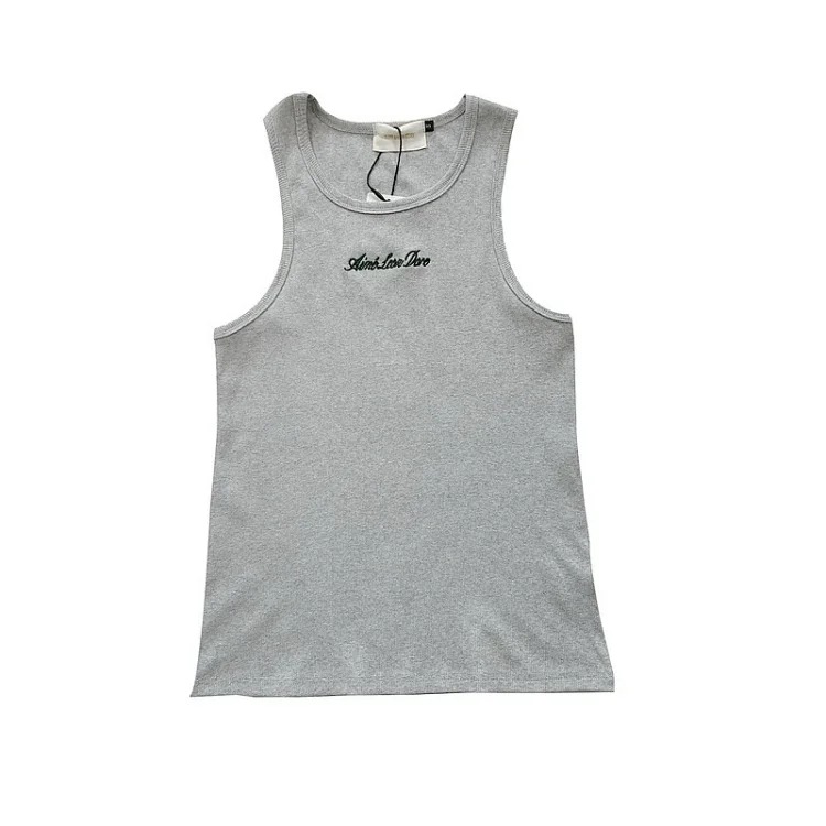 Heavy industry slogan embroidered threaded knitted solid color vest men's slim sports fitness top