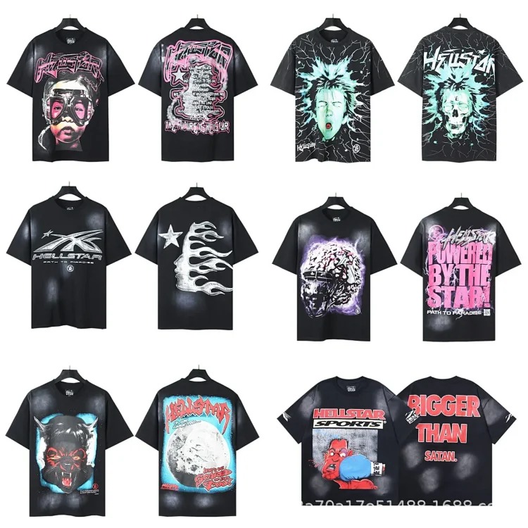 Hellstar T-shirt alien glasses kids print washed black short-sleeved T-shirt