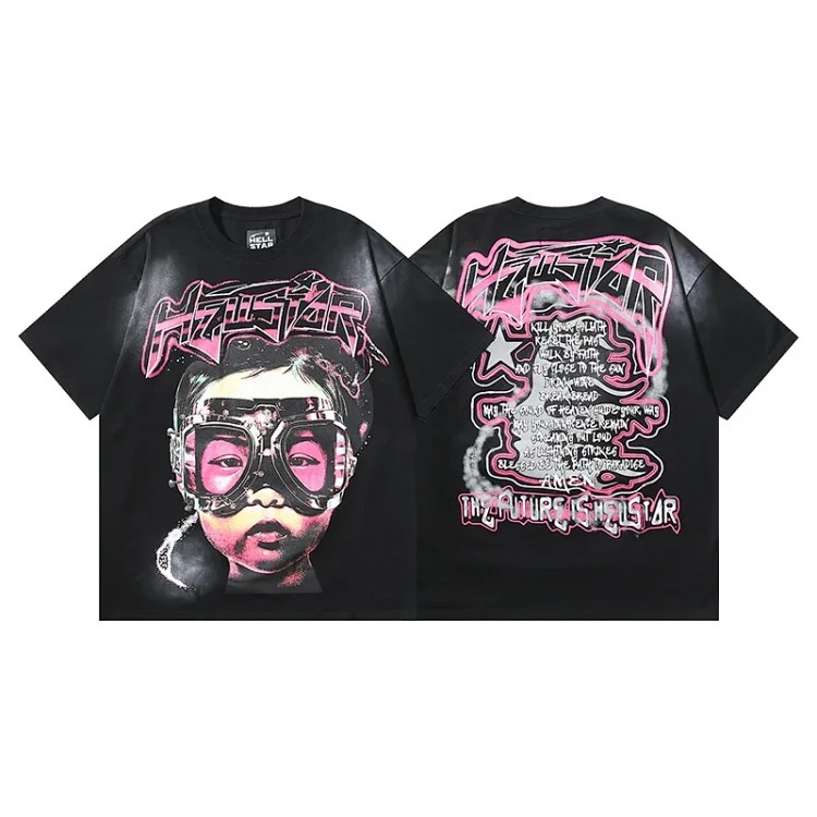 Hellstar T-shirt alien glasses kids print washed black short-sleeved T-shirt