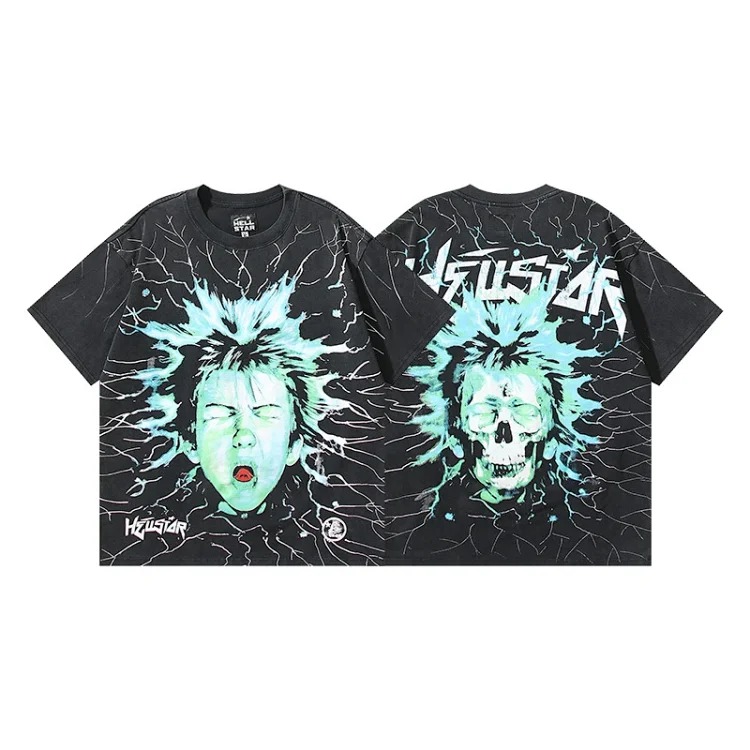 Hellstar T-shirt alien glasses kids print washed black short-sleeved T-shirt