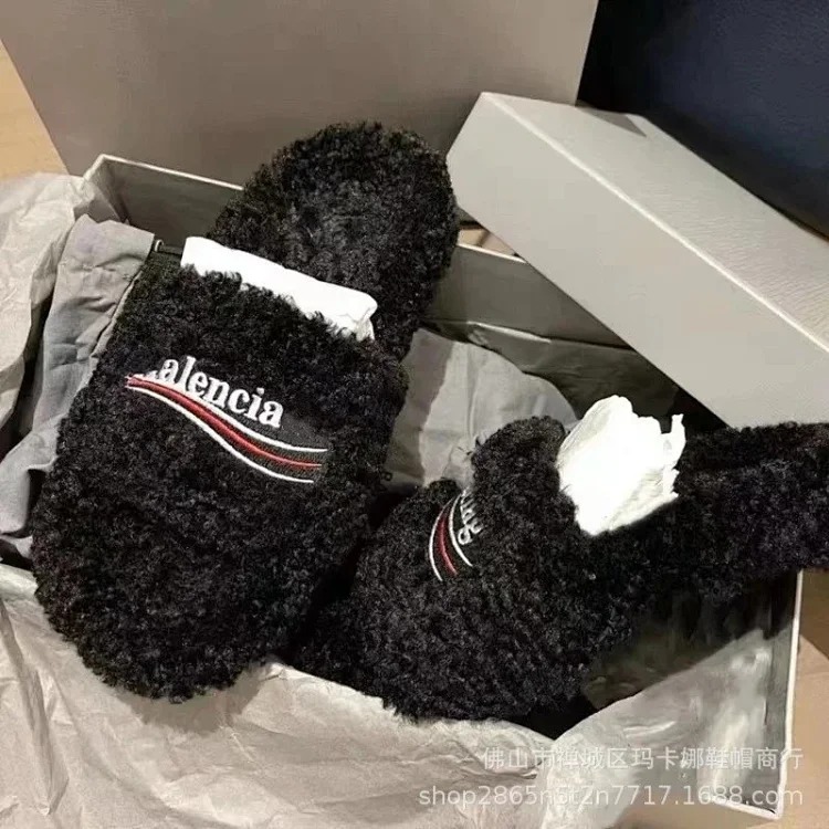 Furry slippers for women's outer wear 2024 new letter embroidered thick-soled lamb slippers
