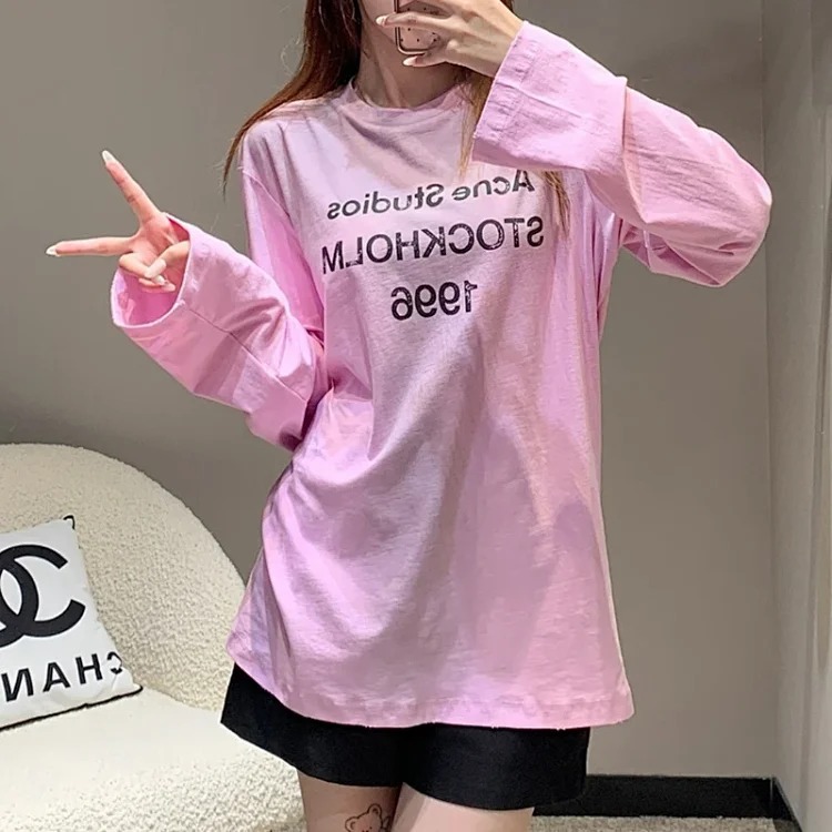 1996 hot diamond letter printed washed distressed light luxury long-sleeved T-shirt