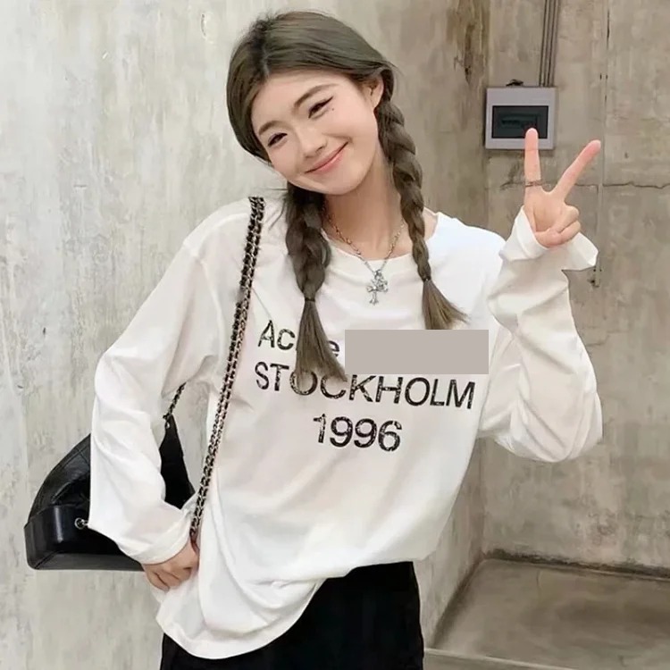 1996 hot diamond letter printed washed distressed light luxury long-sleeved T-shirt