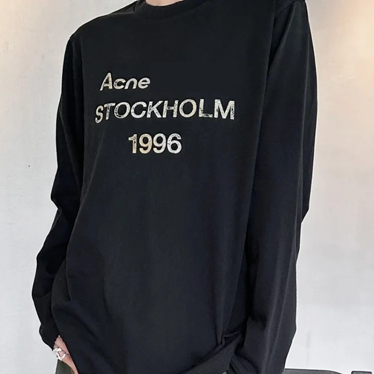 1996 hot diamond letter printed washed distressed light luxury long-sleeved T-shirt