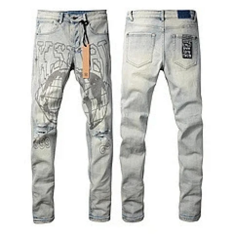 Jeans straight leg ripped stretch casual men's trousers