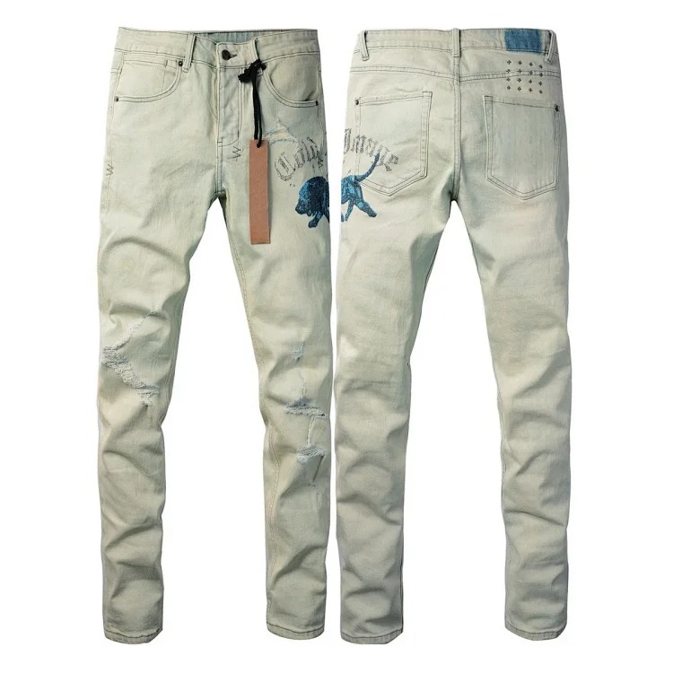Jeans straight leg ripped stretch casual men's trousers