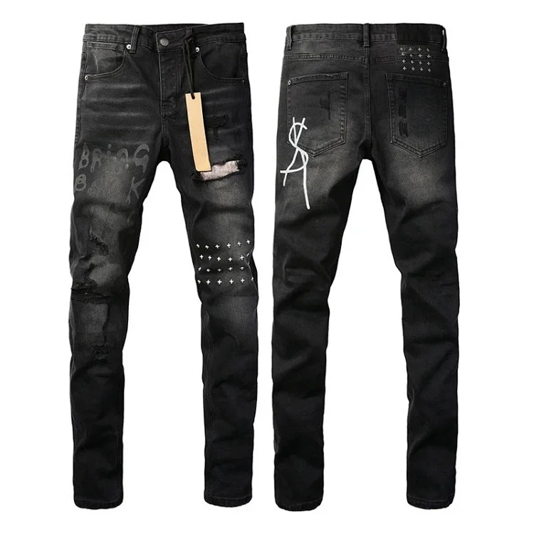 Jeans straight leg ripped stretch casual men's trousers