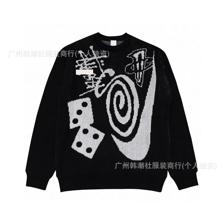Black 8 large jacquard solid color crew neck sweater
