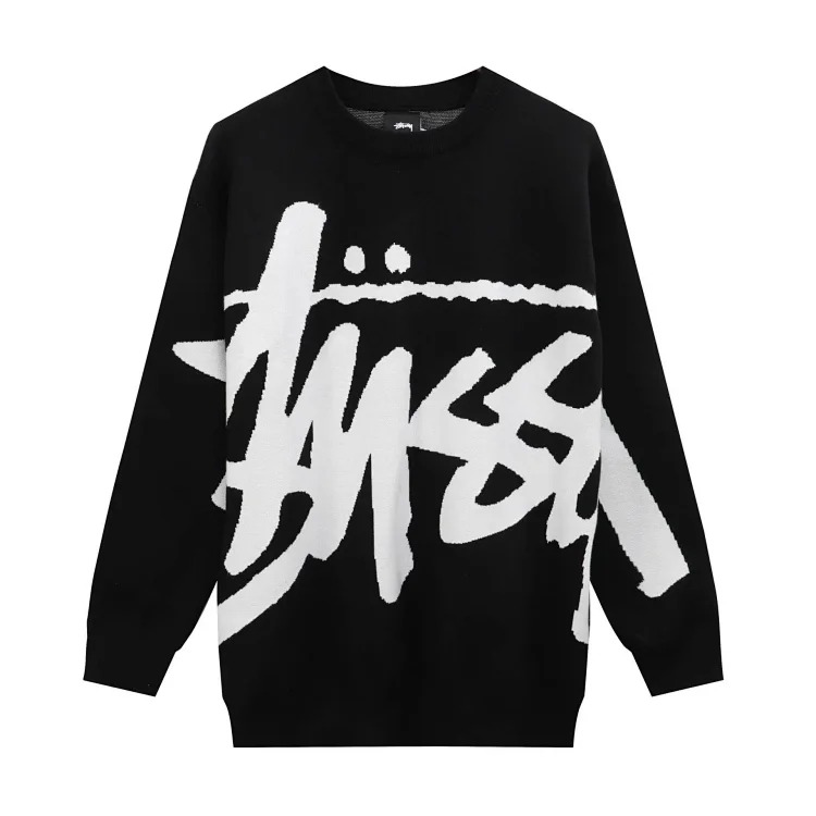 Black 8 large jacquard solid color crew neck sweater