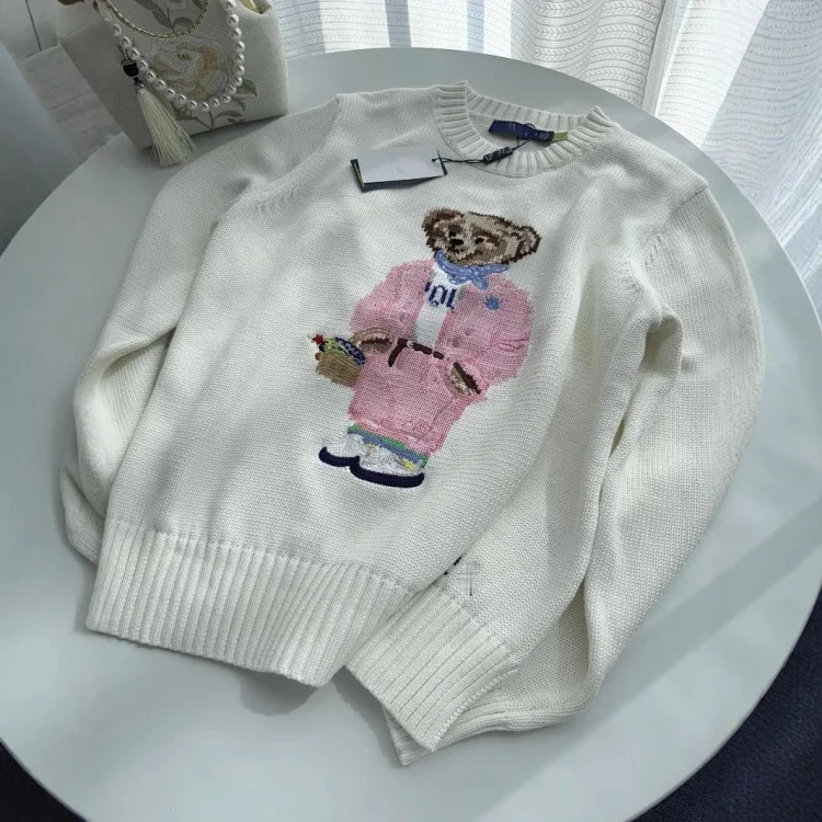 Ralph Lauren bear heavy industry embroidered cartoon round neck knitted sweater for women