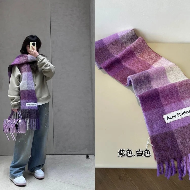 Mohair wool scarf, colorful plaid scarf, gradient wool scarf