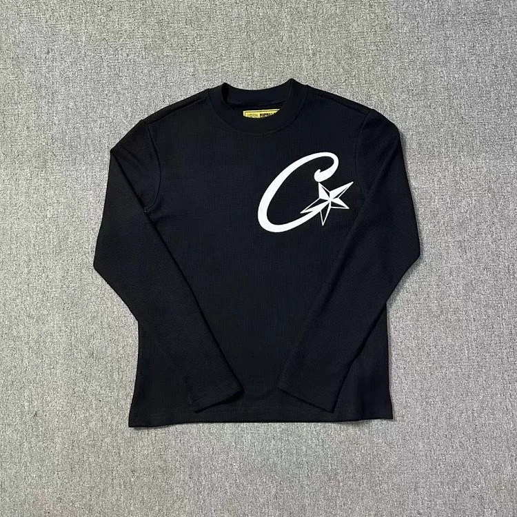 Long-sleeved T-shirt loose casual round neck couple five-star waffle