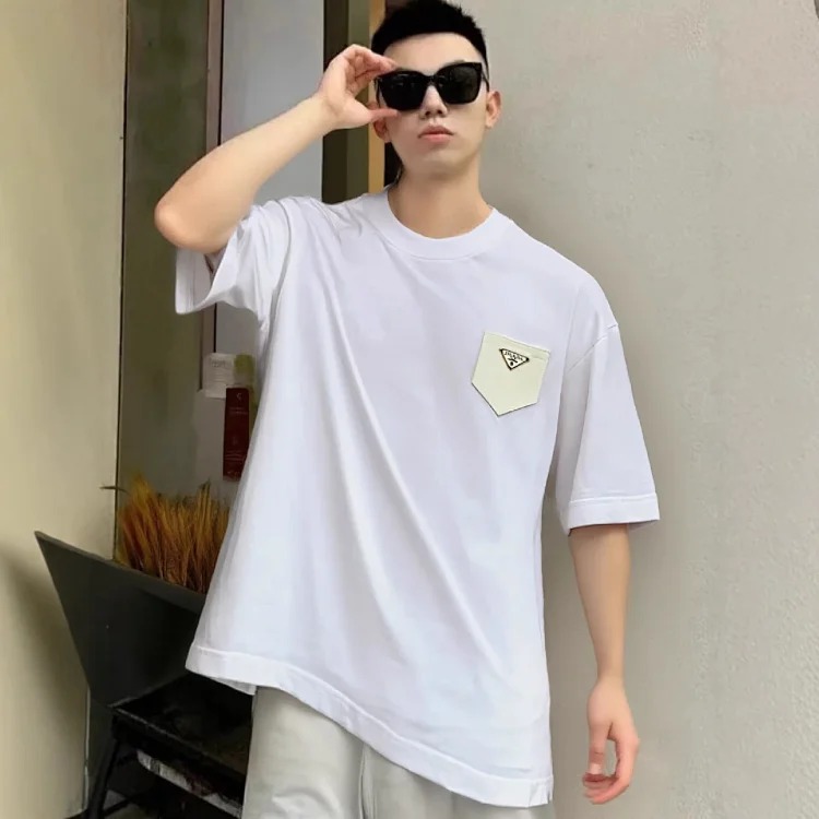 Plain short-sleeved T-shirt for men and women, fake pocket half-sleeved shirt, loose small neckline pure cotton T-shirt