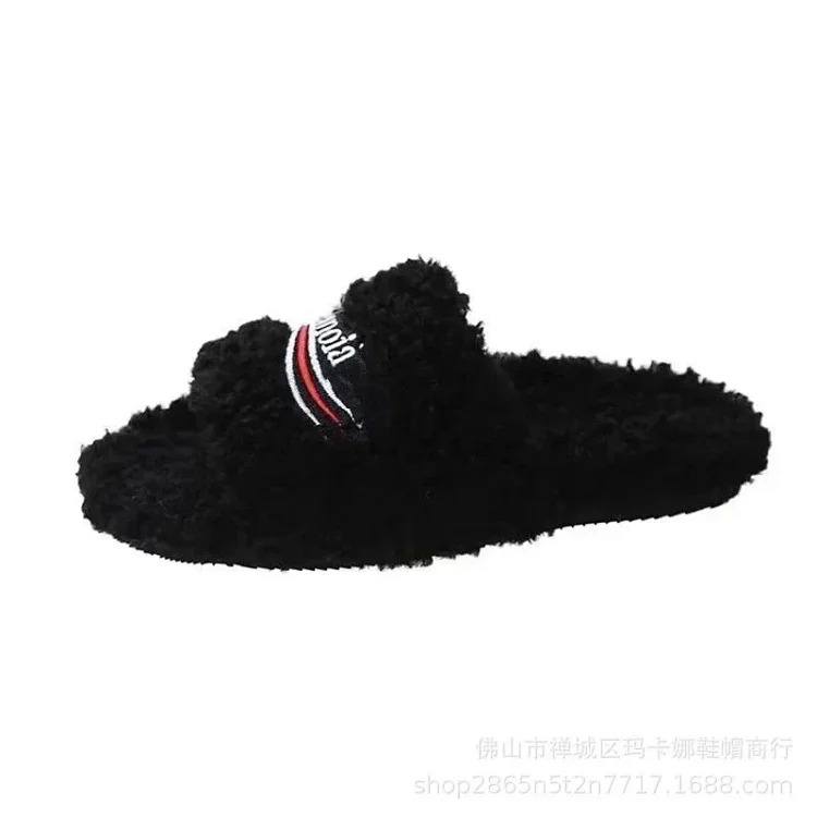 Furry slippers for women's outer wear 2024 new letter embroidered thick-soled lamb slippers