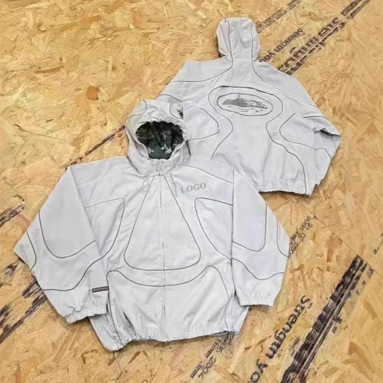 Co-branded hook jacket, hooded men's and women's windbreaker, waterproof reflective strips