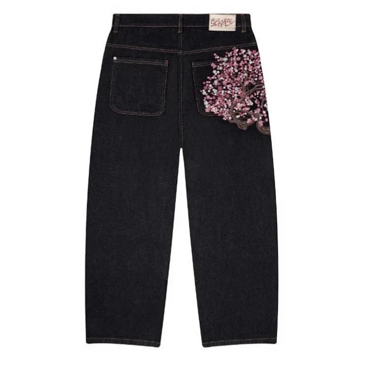 Retro plum blossom embroidered straight pants for men and women, versatile personalized street fashion jeans
