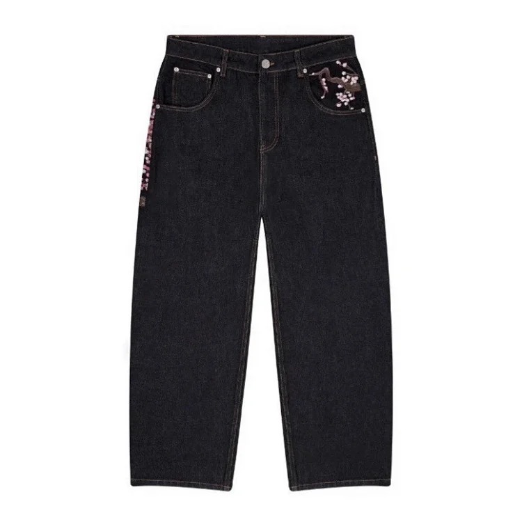Retro plum blossom embroidered straight pants for men and women, versatile personalized street fashion jeans