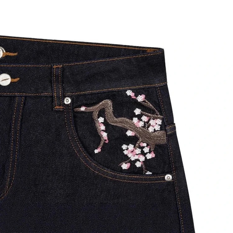 Retro plum blossom embroidered straight pants for men and women, versatile personalized street fashion jeans