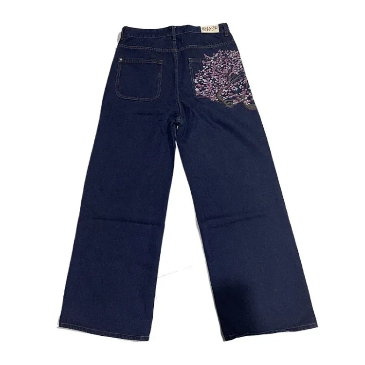 Retro plum blossom embroidered straight pants for men and women, versatile personalized street fashion jeans