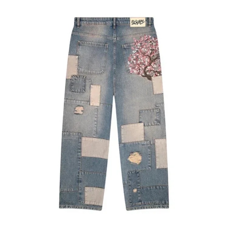Retro plum blossom embroidered straight pants for men and women, versatile personalized street fashion jeans