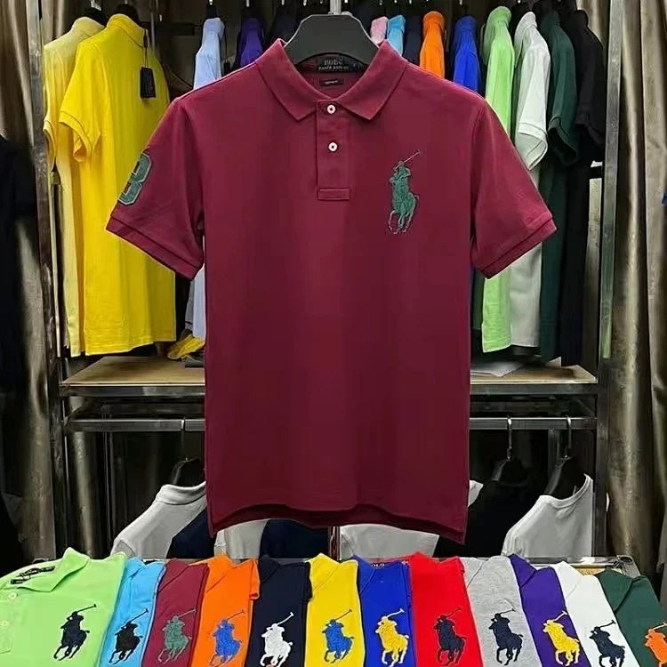 Embroidered men's shirt half-sleeved loose short-sleeved summer casual new solid color T-shirt pure cotton lapel