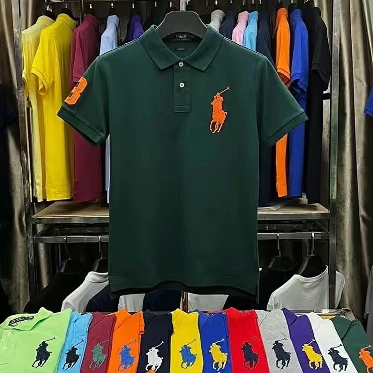 Embroidered men's shirt half-sleeved loose short-sleeved summer casual new solid color T-shirt pure cotton lapel