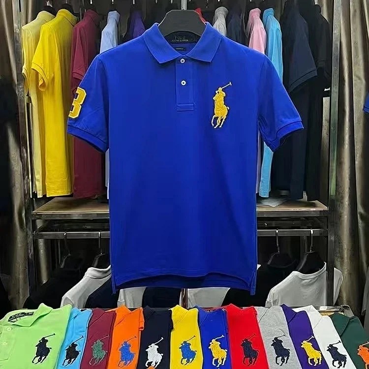 Embroidered men's shirt half-sleeved loose short-sleeved summer casual new solid color T-shirt pure cotton lapel