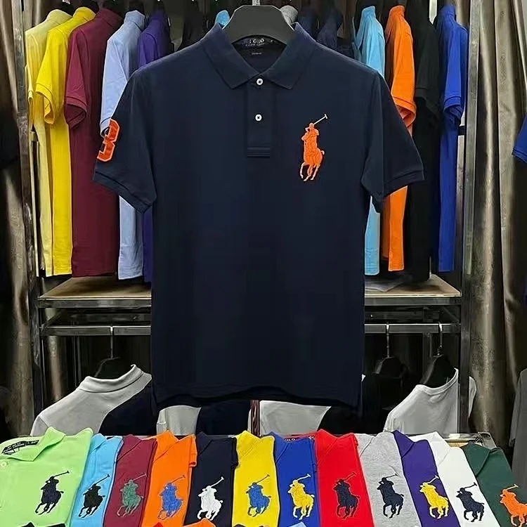 Embroidered men's shirt half-sleeved loose short-sleeved summer casual new solid color T-shirt pure cotton lapel