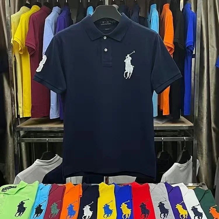 Embroidered men's shirt half-sleeved loose short-sleeved summer casual new solid color T-shirt pure cotton lapel