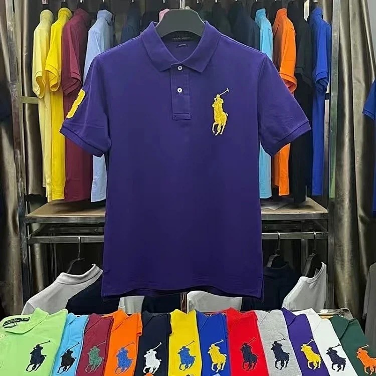 Embroidered men's shirt half-sleeved loose short-sleeved summer casual new solid color T-shirt pure cotton lapel