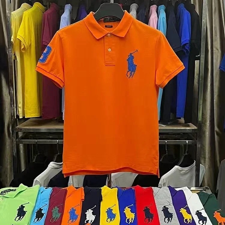 Embroidered men's shirt half-sleeved loose short-sleeved summer casual new solid color T-shirt pure cotton lapel