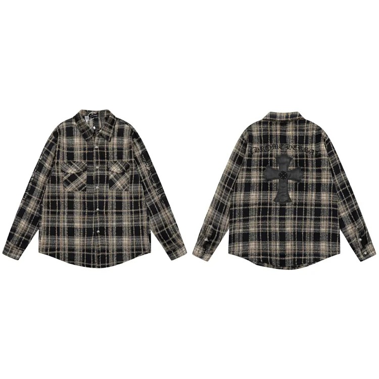 CH Heavy Industry Leather Badge Embroidered Chest Pocket Woolen Plaid Shirt