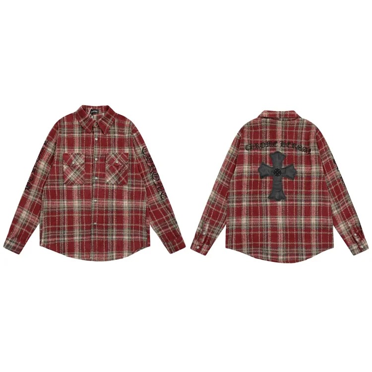 CH Heavy Industry Leather Badge Embroidered Chest Pocket Woolen Plaid Shirt