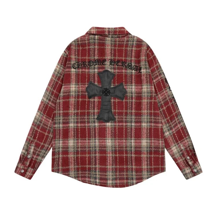 CH Heavy Industry Leather Badge Embroidered Chest Pocket Woolen Plaid Shirt