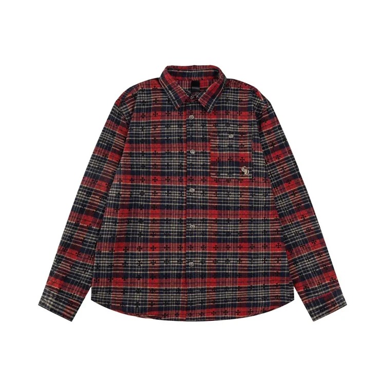 CH Heavy Industry Leather Badge Embroidered Chest Pocket Woolen Plaid Shirt