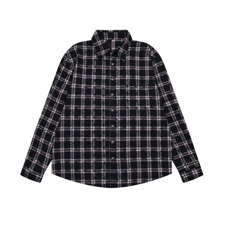 CH Heavy Industry Leather Badge Embroidered Chest Pocket Woolen Plaid Shirt
