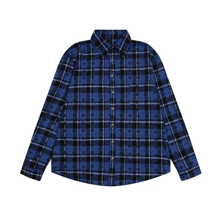 CH Heavy Industry Leather Badge Embroidered Chest Pocket Woolen Plaid Shirt