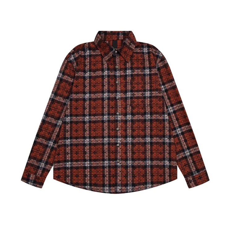 CH Heavy Industry Leather Badge Embroidered Chest Pocket Woolen Plaid Shirt