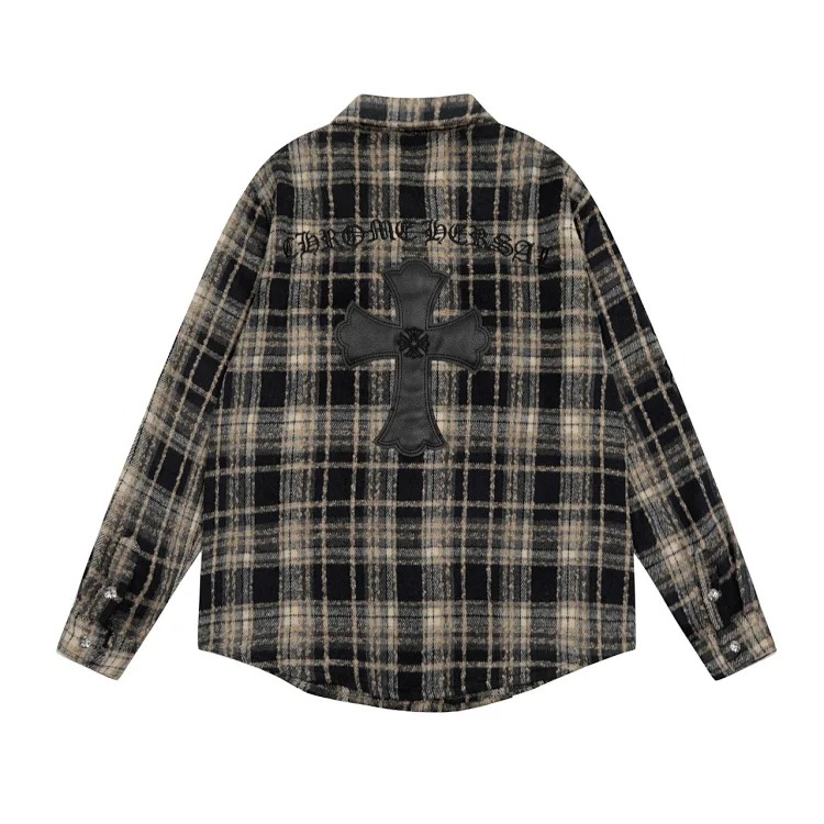 CH Heavy Industry Leather Badge Embroidered Chest Pocket Woolen Plaid Shirt
