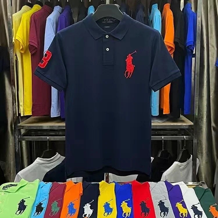 Embroidered men's shirt half-sleeved loose short-sleeved summer casual new solid color T-shirt pure cotton lapel