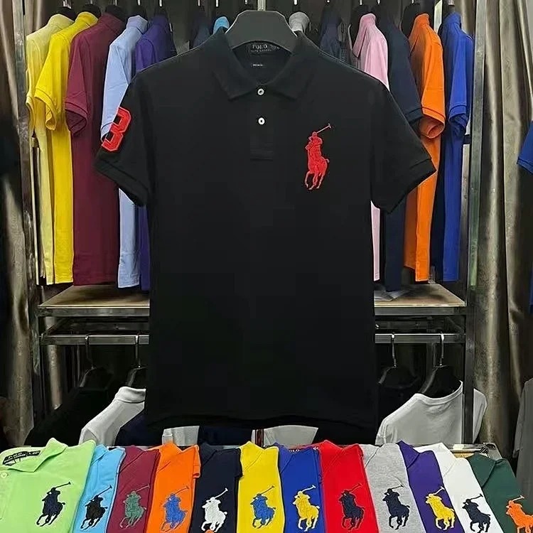 Embroidered men's shirt half-sleeved loose short-sleeved summer casual new solid color T-shirt pure cotton lapel