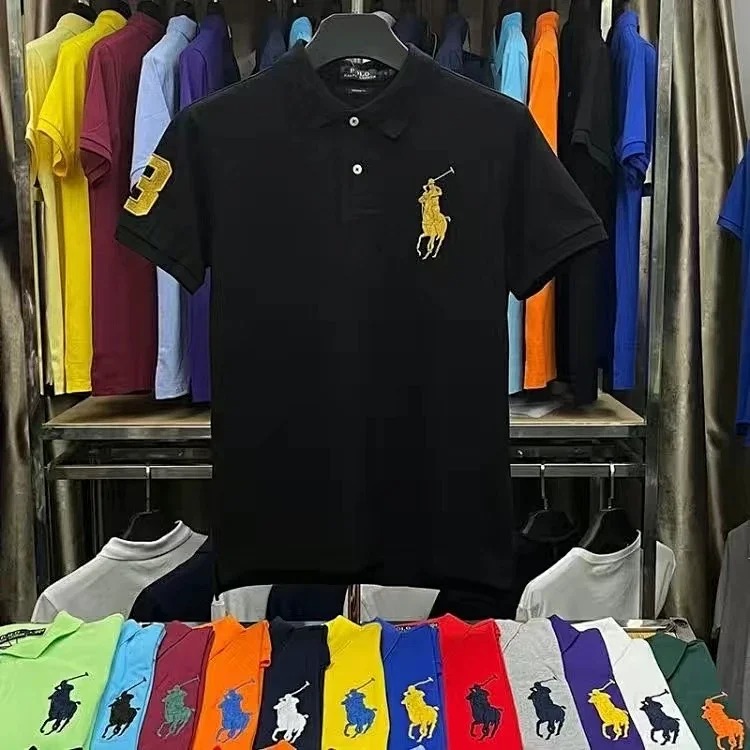 Embroidered men's shirt half-sleeved loose short-sleeved summer casual new solid color T-shirt pure cotton lapel