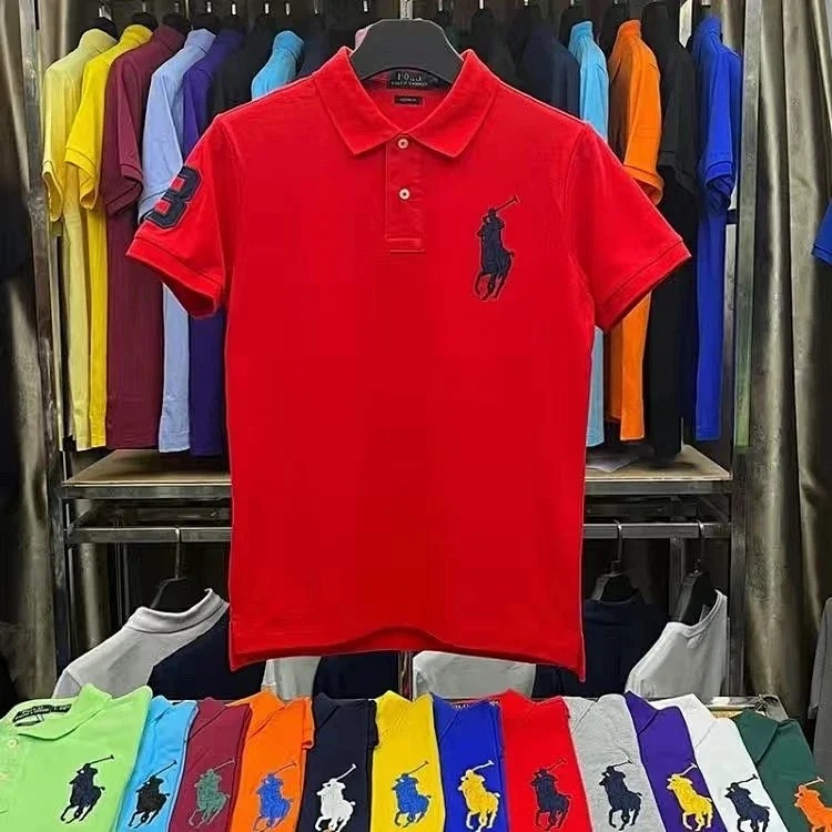 Embroidered men's shirt half-sleeved loose short-sleeved summer casual new solid color T-shirt pure cotton lapel