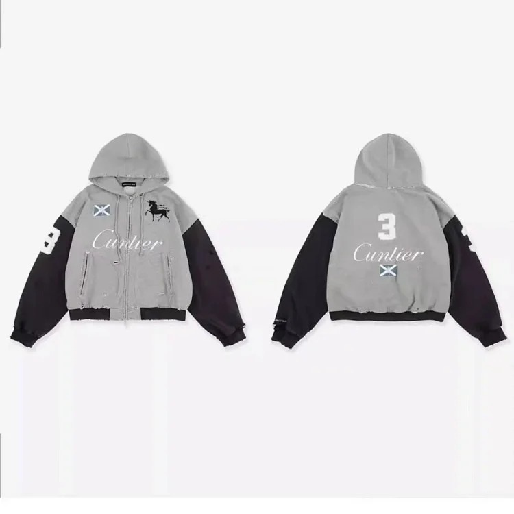 Grailz Project splicing washed distressed frayed embroidery zipper cardigan hooded sweatshirt jacket for men