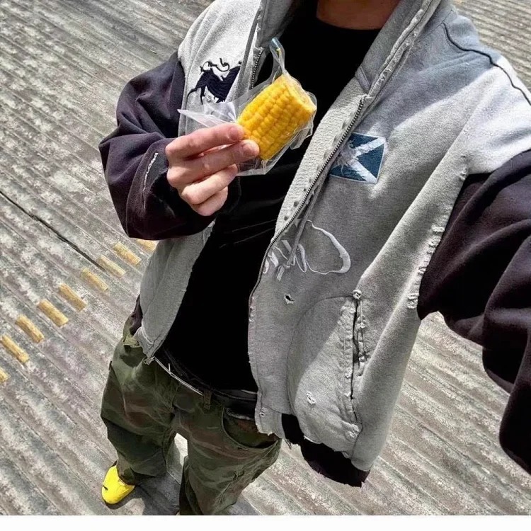 Grailz Project splicing washed distressed frayed embroidery zipper cardigan hooded sweatshirt jacket for men